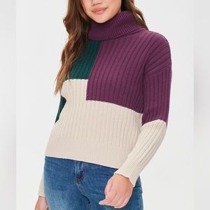 Forever 21 Beige / Multicolored Colorblock Turtleneck Sweater